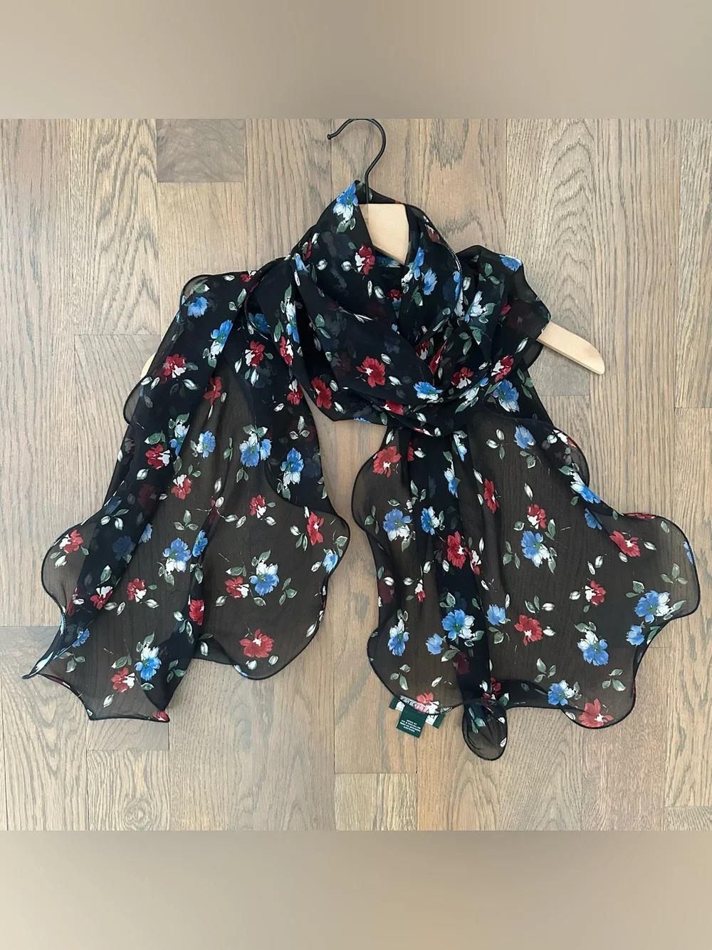 Vintage Ralph Lauren Ruffle Sheer Silk Floral Oblong Scarf Black Multicolor 64